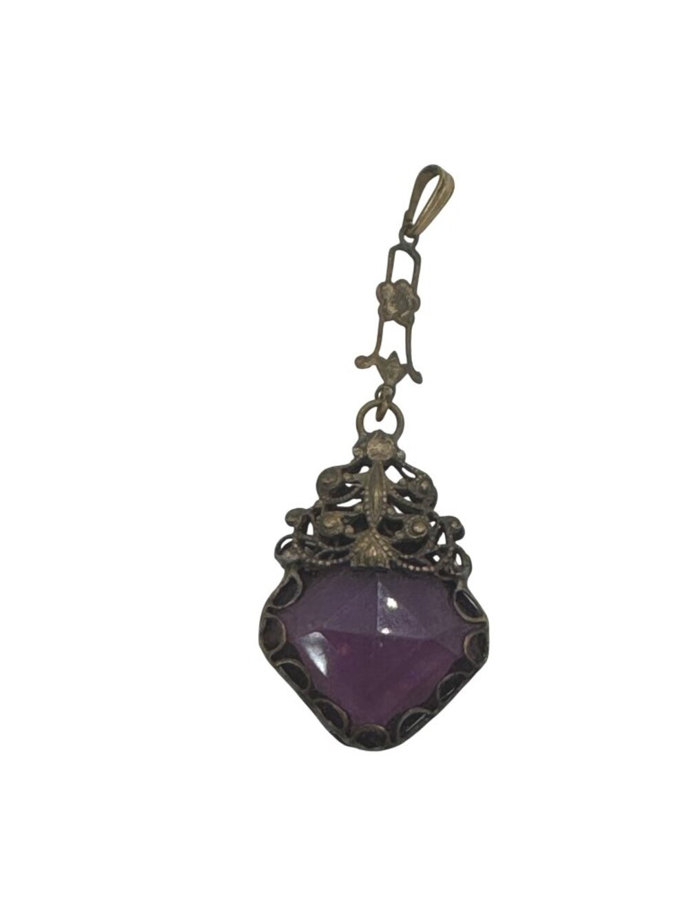 Antique Vintage Sterling Pendant Faceted Purple Amethyst Glass Ornate Filigree 1